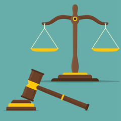 Justice scales and wooden judge gavel. Libra in flat design. Vector illustration