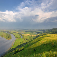 Panoramic summer landscape with a river. Kama River, Tatarstan, Russia
