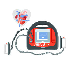 Modern portable defibrillator with small screen and heart illustration - obrazy, fototapety, plakaty