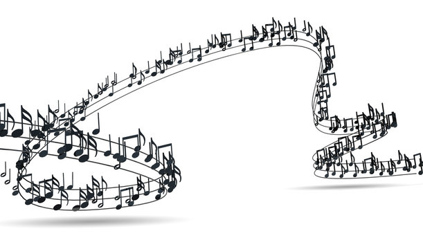 Fondo musical 3d.Clave de sol y partitura.Dise&ntilde;o musical,notas musicales sobre fondo blanco.Arte y creaci&oacute;n de m&uacute;sica