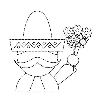 man with sombrero holding flowers mexico culture icon image vector illustration design  black dotted line