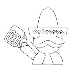 funny mexican man with hat and mustache with beer glass vector illustration