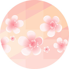 Light Pink flowers isolated on soft Pink Yellow polygonal background in circle. Apple-tree flowers. Cherry blossom. Vector