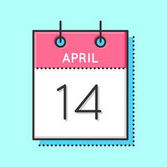 April Calendar Icon. Flat and thin line vector illustration. Spring calendar sheet on light blue background. April 14th