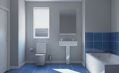 Modern bathroom with large window. 3D rendering.