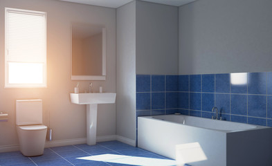 Fototapeta na wymiar Modern bathroom with large window. 3D rendering., Sunset.