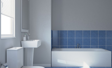 Fototapeta na wymiar Modern bathroom with large window. 3D rendering.
