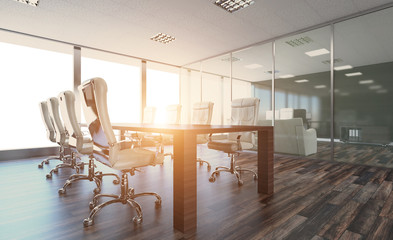 Modern office Cabinet. Meeting room. 3D rendering., Sunset.