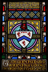 Stained glass window "Therefore God give thee of the dew of heaven and the fulness of the earth and plenty of corn and wine" Cumbria, UK.