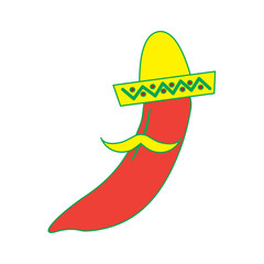 hot mexican chili pepper with hat and mustache vector illustration