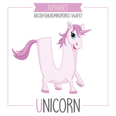 Illustrated Alphabet Letter U and Unicorn