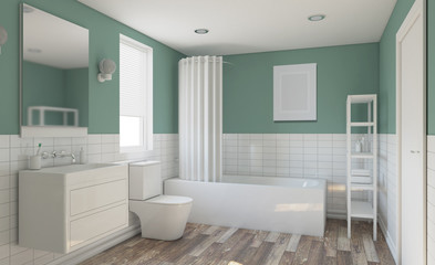 Modern bathroom with large window. 3D rendering.. Empty picture.