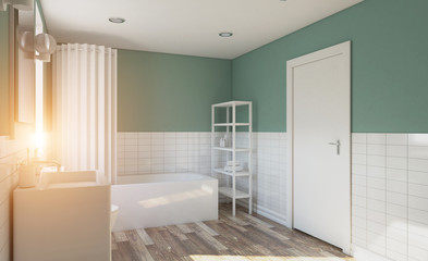 Modern bathroom with large window. 3D rendering.. Lights in the window.