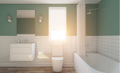Naklejka na ściany i meble Modern bathroom with large window. 3D rendering.. Lights in the window.