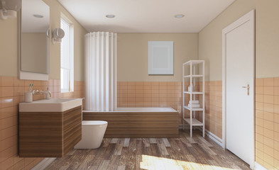 Modern bathroom with large window. 3D rendering.. Empty picture.