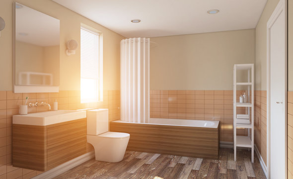 Modern bathroom with large window. 3D rendering.. Lights in the window.