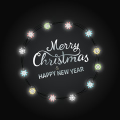 Merry Christmas and Happy New Year greeting card. Color lighting garland vector illustration