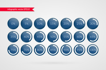 0 5 10 15 20 25 30 35 40 45 50 55 60 65 70 75 80 85 90 95 100 percent pie chart symbols. Percentage vector infographics. Circle diagrams isolated icons. Illustration for business, web design