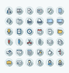 Vector flat thin line icons set and graphic design elements. Illustration with business and office tools outline symbols. Documents, newspaper, telephone, fax, chair, projector screen color pictogram