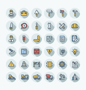 Vector flat thin line icons set and graphic design elements. Illustration with construction, industrial, architectural, engineering outline symbols. Home repair tools, worker, build color pictogram