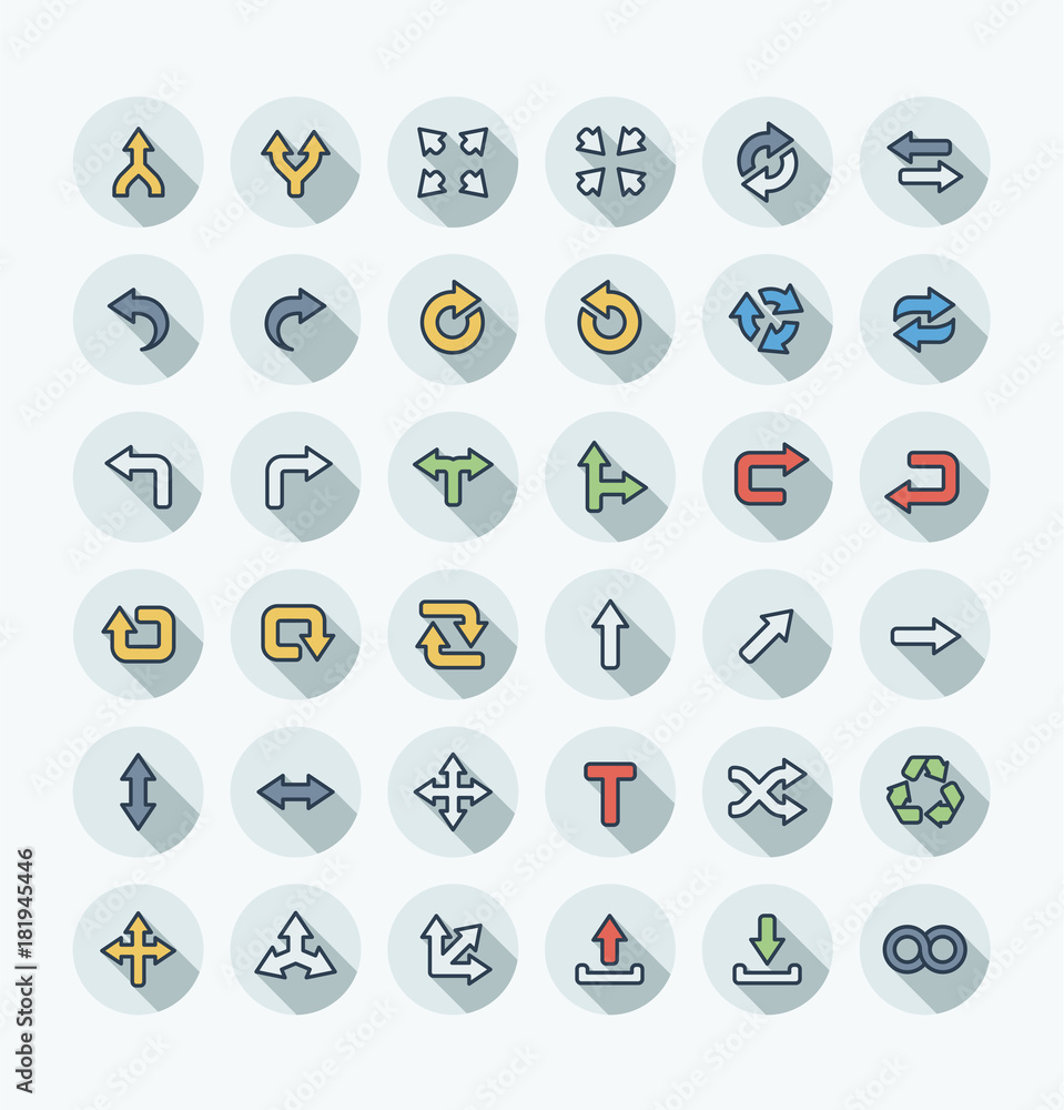 Poster vector flat thin line icons set and graphic design elements. illustration with arrows, direction and