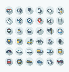 Vector thin line icons set and graphic design. Illustration with transport, navigation outline symbols. Driver license, wheel, gas station, road service, GPS, traffic light flat color pictogram