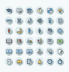 Vector thin line icons set and graphic design. Illustration with education, online learning, think outline symbols. Book, microscope, calculator, pen, elearning, teacher flat color pictogram