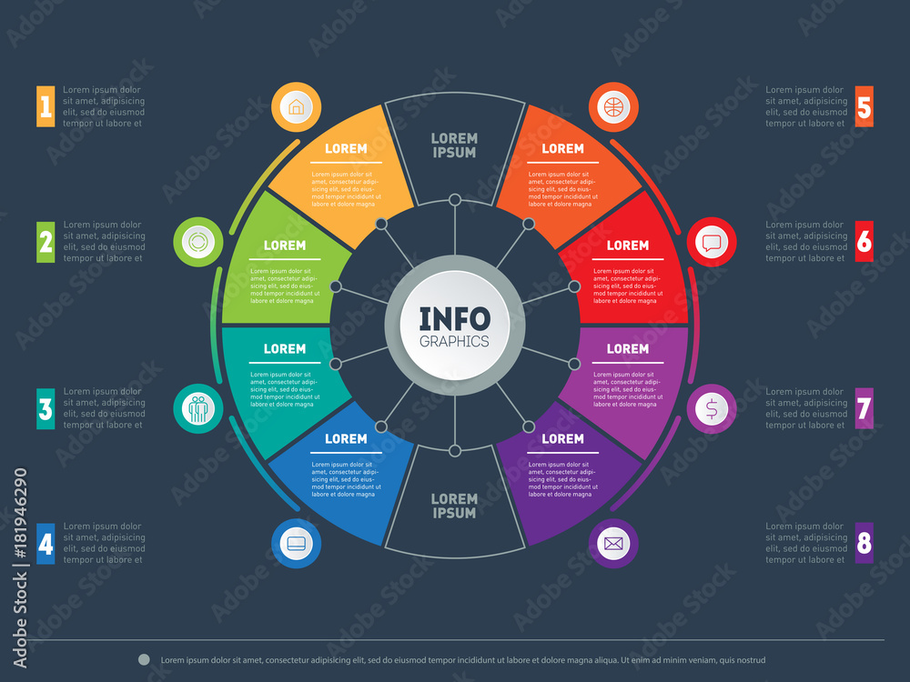 Poster business presentation concept with 8 options. web template of a circle info chart or diagram. part o