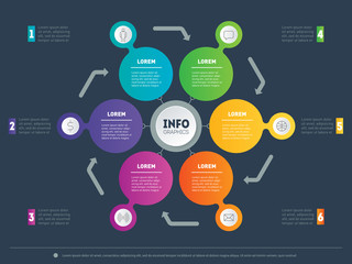 Web Template for circle diagram or infographics. Business presentation concept with 6 options. Vector infographic of technology or education process. Part of the report on dark background.