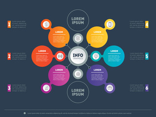 Vector infographic of technology or education process. Business concept with 6 options. Part of the report with label and icons set. Web Template of a circle diagram or presentation.
