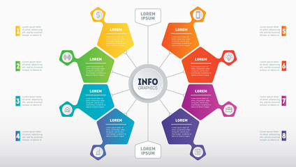 Vector infographic of technology or education process. Business presentation or infographics concept with 8 options. Web Template of a circle diagram or presentation. Part of the report.