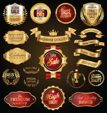 Gold and red retro sale badges and labels vector collection