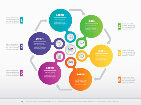 Vector infographic of technology or education process with 6 steps. Business presentation concept with 6 options. Web Template of a circle infochart, diagram or presentation. Part of the report.