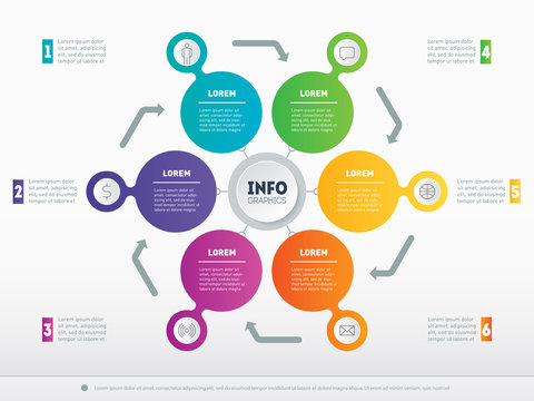 Web Template for circle diagram or infographics. Business presentation concept with 6 options. Vector infographic of technology or education process. Part of the report on light  background.