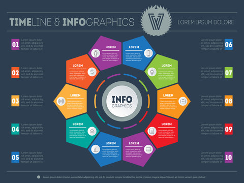 Web Template for circle diagram or presentation. Business infographics concept with 10 options. Part of the report with icons set. Vector infographic of technology or education process with 10 steps.