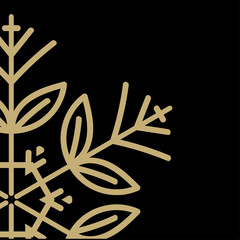 Golden snowflake on a black background close-up. Vector illustration.