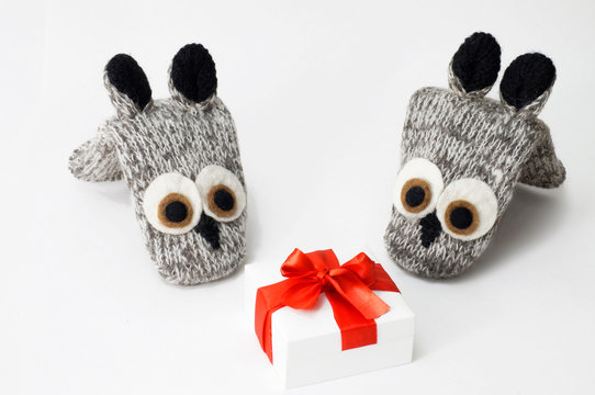 Christmas composition. Woolen knitted mittens in dogs with white gift box red ribbon. isolated white.
