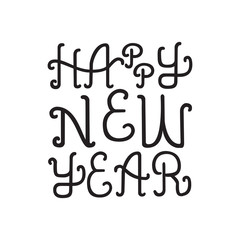 Black Happy New Year Vector Lettering. Holiday Hand Drawn Custom Type for Card, Banner, Poster Template. Typography for Greeting Gift Design.