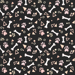 Cute background. Hand drawn watercolor seamless pattern - dog paw, bones, triangles and circles. Domestic animal. Perfect for invitations, greeting cards, posters,  banners, fabrics, packing etc