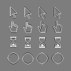 Old style pixel computer mouse cursor set. White style desktop pointer collection