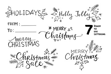 Hand sketched vector illustrations - 7 ready to use christmas lettering with floral elements. Winter set. Perfect for invitations, greeting cards, quotes, blogs, posters, prints, menu, leaflet