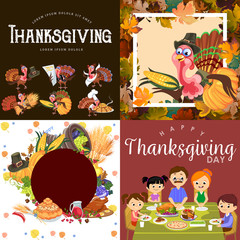 Harvest set, organic foods like fruit and vegetables, happy thanksgiving dinner background, vector illustration harvesting with pumpkin and stack of wheat ears, cranberry berries, bunches of grapes