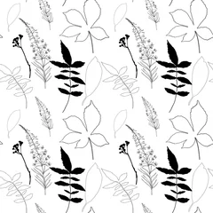 Papier Peint photo Ensemble nature aquarelle Modèle sans couture de vecteur floral avec des fleurs sauvages, des feuilles de châtaignier, des feuilles et des branches d& 39 herbe sèche.