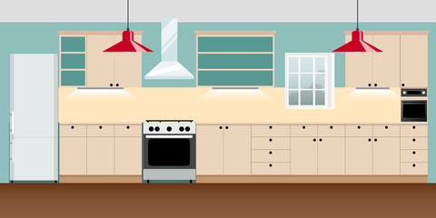 Kitchen interior with furniture and refrigerator