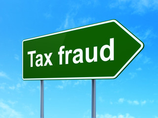 Law concept: Tax Fraud on green road highway sign, clear blue sky background, 3D rendering