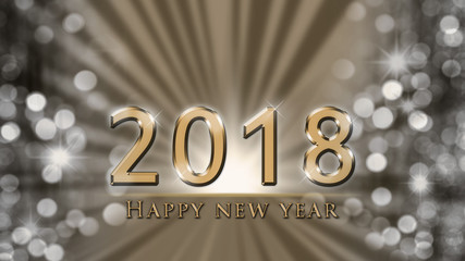 New Year illustration with golden 2018 and Happy New Year text on gold, silver background with bokeh, party lights. Glamour, glossy New Year's eve illustration