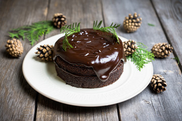Creamy cake with chocolate glaze on the rustic background. Selective focus. Shallow depth of field.