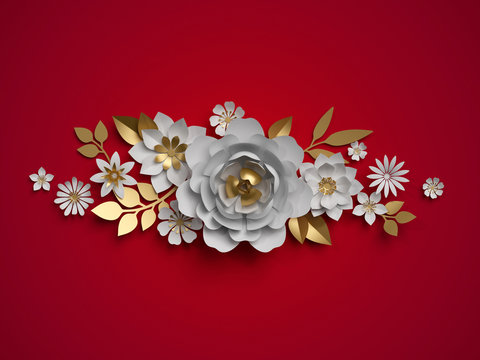 3d Render, White Gold Paper Flowers, Floral Border, Botanical Border, Red Background, Christmas Decoration