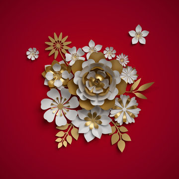 3d Render, Floral Bouquet, White Gold Paper Flowers, Botanical Composition, Red Background, Quilling, Christmas Decoration