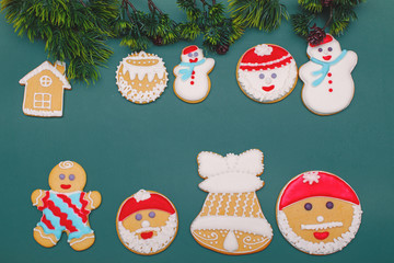 Christmas gingerbread , Christmas tree, star, copy space on dark background